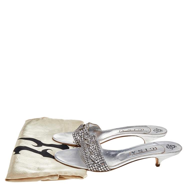 Pre Owned Gina Silver Leather Crystal Embellished Kitten Heel Slide Sandals Size 41