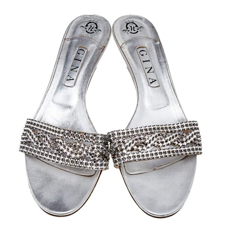 Pre Owned Gina Silver Leather Crystal Embellished Kitten Heel Slide Sandals Size 41