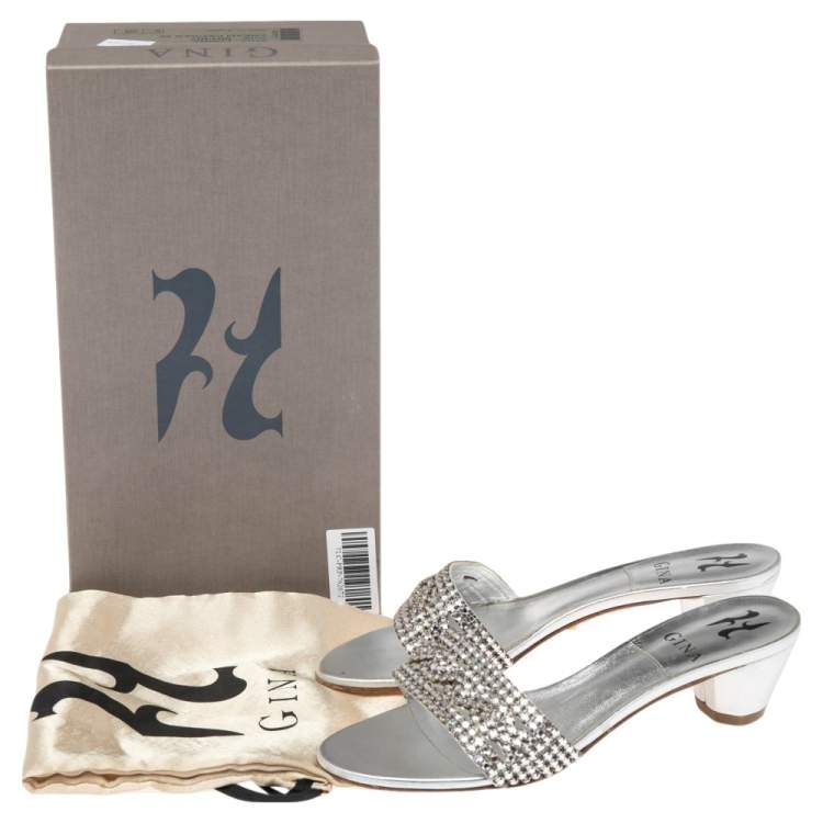 Pre Owned Gina Silver Leather Crystal Embellished Rodeo Block Heel Slides Size 38