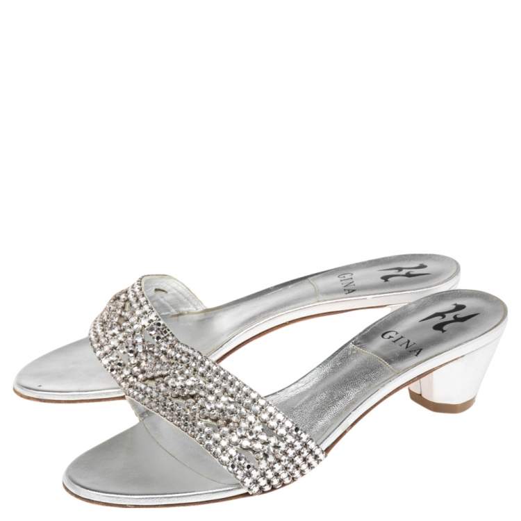 Pre Owned Gina Silver Leather Crystal Embellished Rodeo Block Heel Slides Size 38