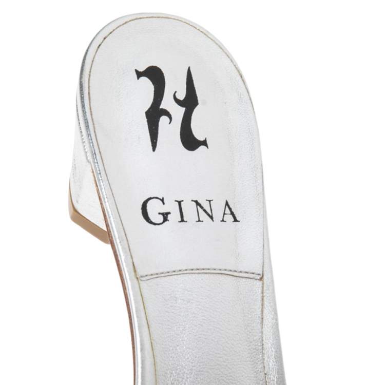 Pre Owned Gina Silver Leather Crystal Embellished Rodeo Block Heel Slides Size 38