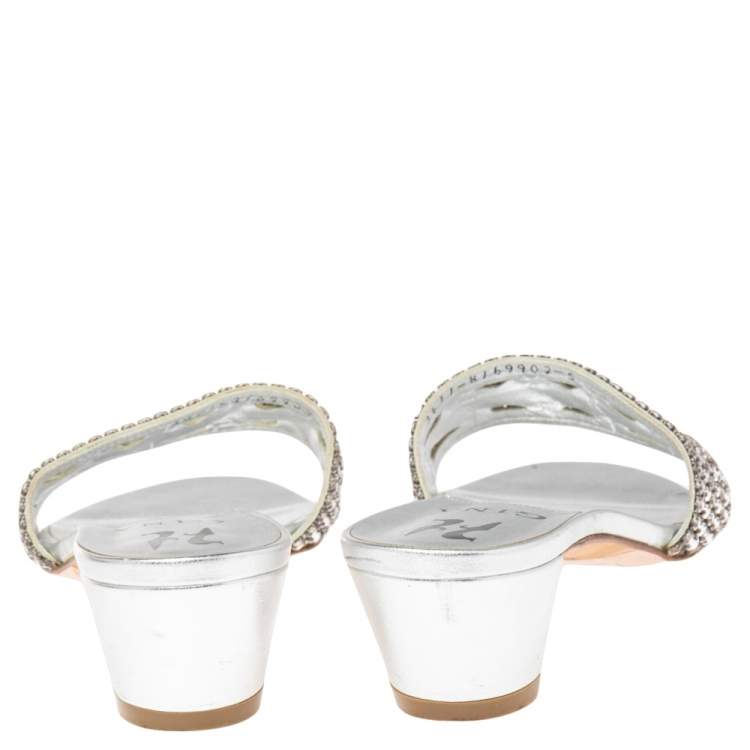 Pre Owned Gina Silver Leather Crystal Embellished Rodeo Block Heel Slides Size 38