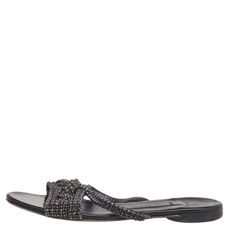 Pre Owned Gina Black Crystal Embellished Leather Flat Slides Size 37.5