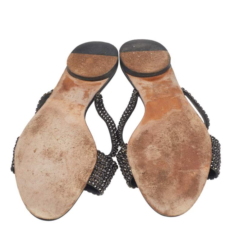 Pre Owned Gina Black Crystal Embellished Leather Flat Slides Size 37.5