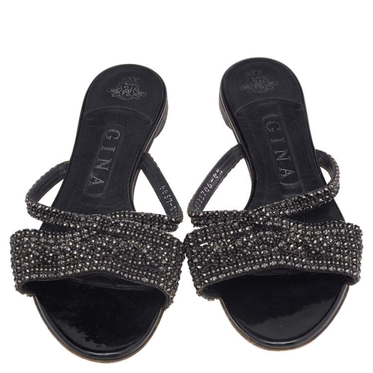 Pre Owned Gina Black Crystal Embellished Leather Flat Slides Size 37.5