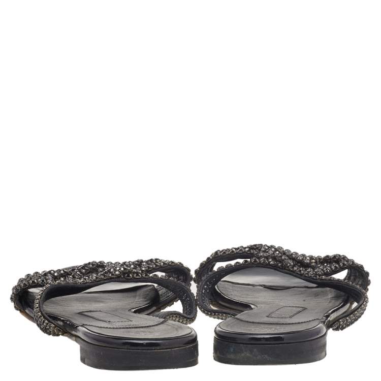 Pre Owned Gina Black Crystal Embellished Leather Flat Slides Size 37.5