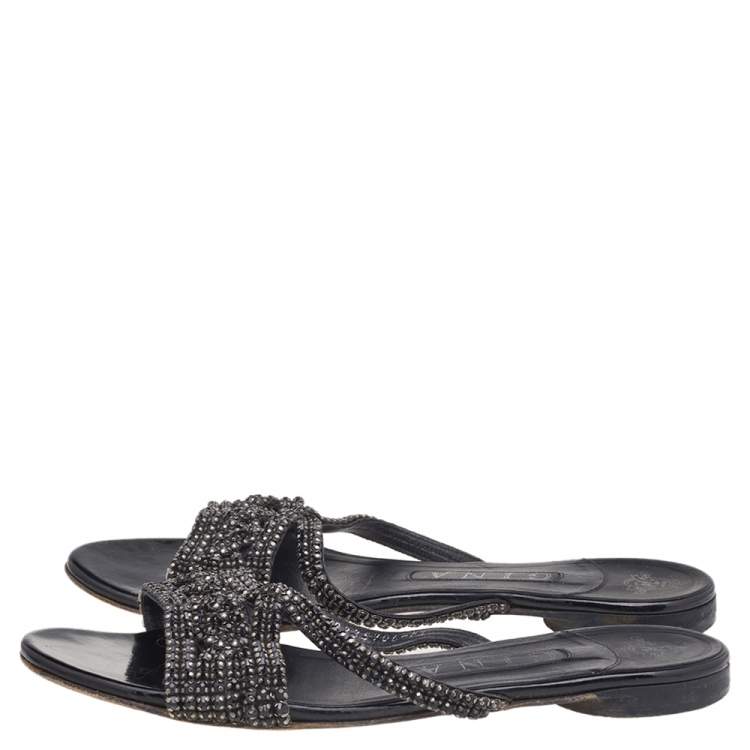 Pre Owned Gina Black Crystal Embellished Leather Flat Slides Size 37.5