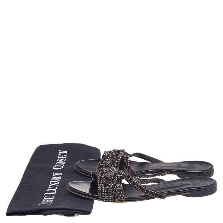 Pre Owned Gina Black Crystal Embellished Leather Flat Slides Size 37.5