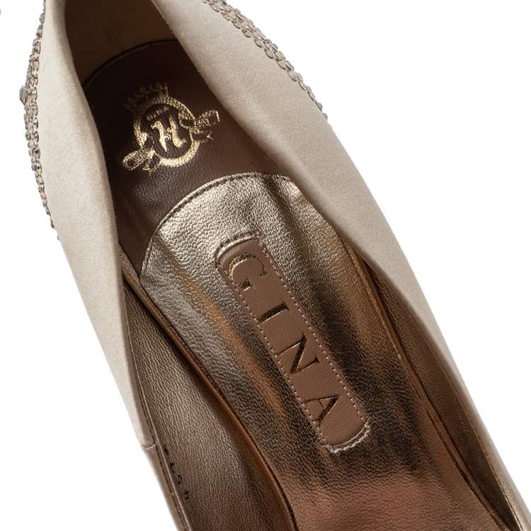 Pre Owned Gina Beige Satin Crystal Embellished Heel Peep Toe Platform Pumps Size 40.5