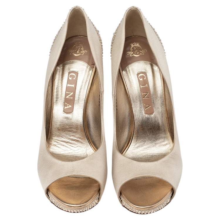 Pre Owned Gina Beige Satin Crystal Embellished Heel Peep Toe Platform Pumps Size 40.5