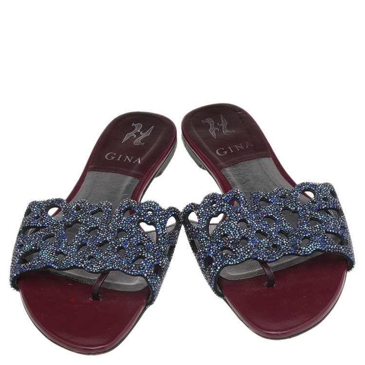 Pre Owned Gina Burgundy Patent Leather Crystal Embellished Flat Slides Size 39