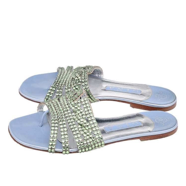 Pre Owned Gina Green Leather Crystal Embellished Flat Slide Sandals Size 38.5