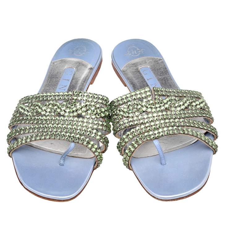 Pre Owned Gina Green Leather Crystal Embellished Flat Slide Sandals Size 38.5