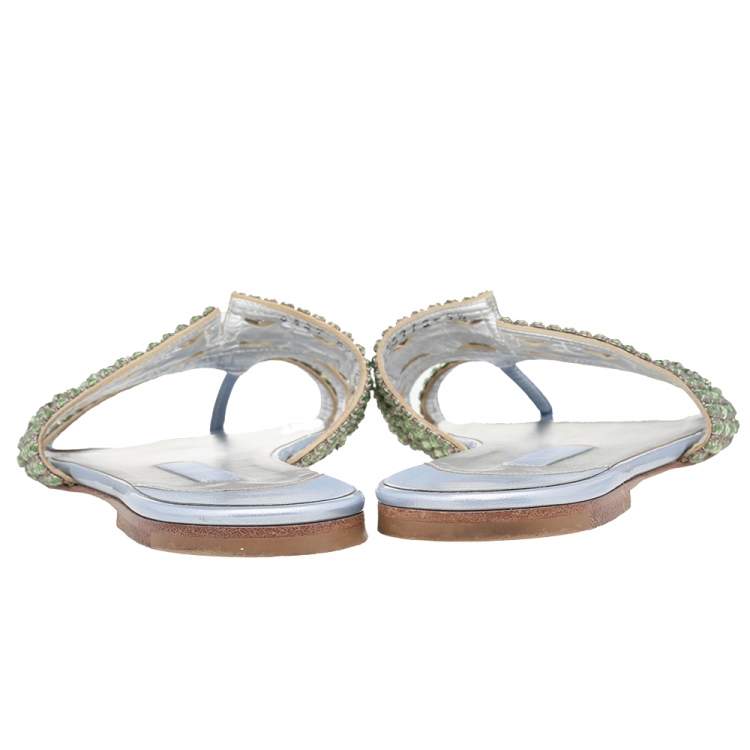 Pre Owned Gina Green Leather Crystal Embellished Flat Slide Sandals Size 38.5