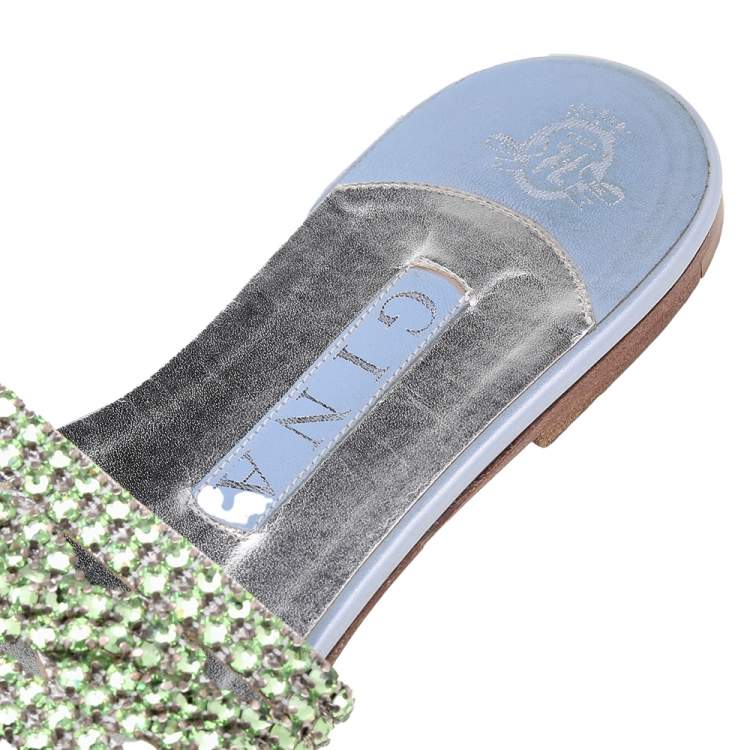 Pre Owned Gina Green Leather Crystal Embellished Flat Slide Sandals Size 38.5