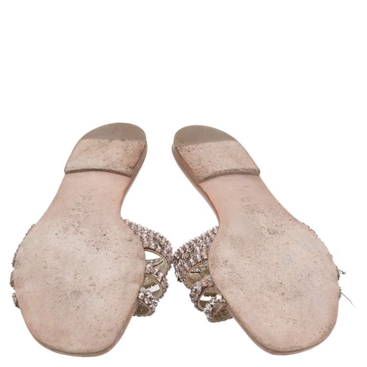 Pre Owned Gina Metallic Rose Gold Crystal Embellished Leather Thong Flat Slides Size 38.5