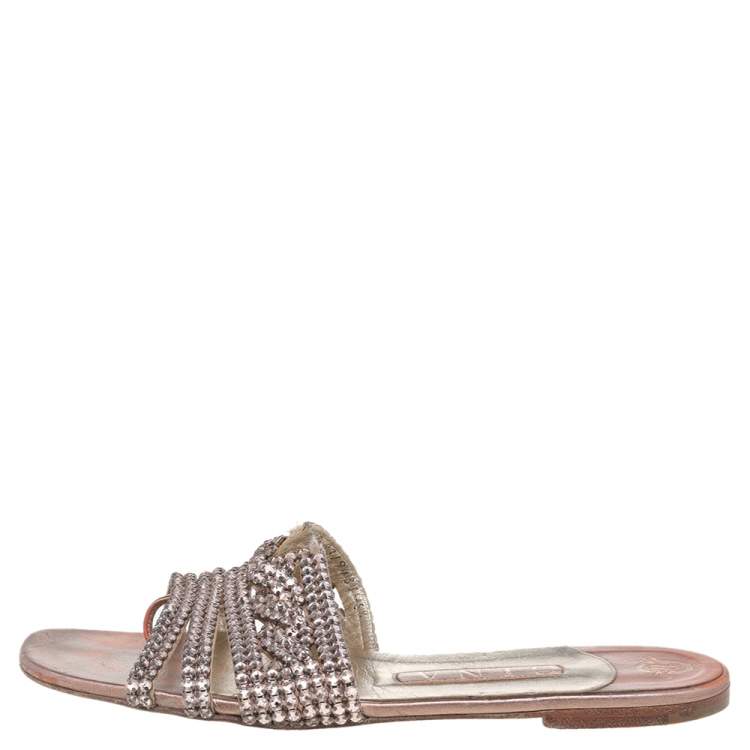 Pre Owned Gina Metallic Rose Gold Crystal Embellished Leather Thong Flat Slides Size 38.5