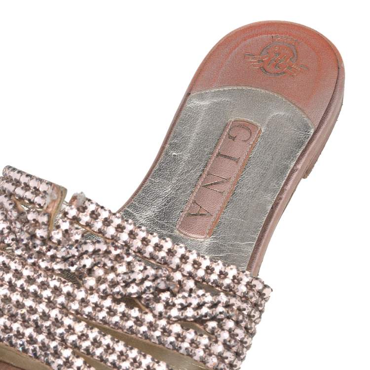 Pre Owned Gina Metallic Rose Gold Crystal Embellished Leather Thong Flat Slides Size 38.5