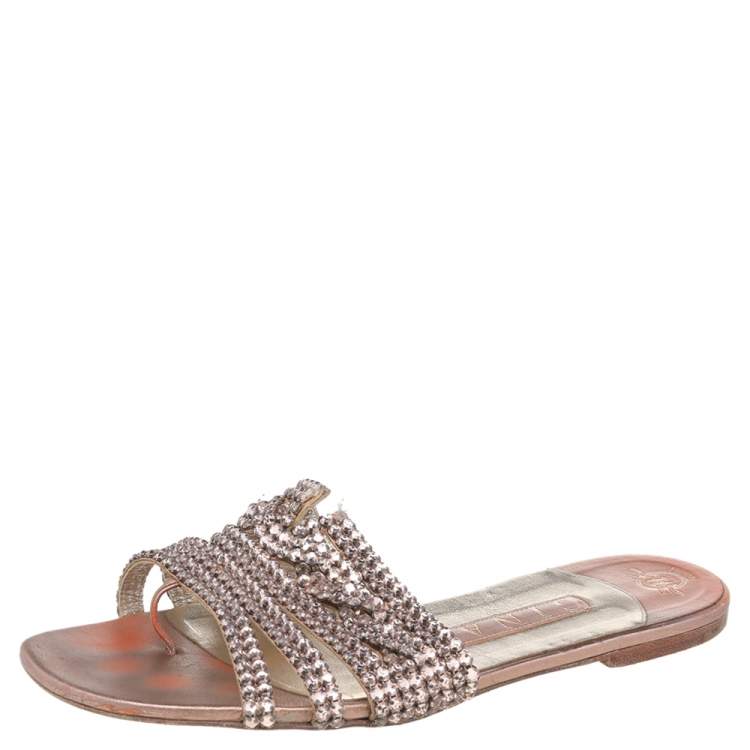 Pre Owned Gina Metallic Rose Gold Crystal Embellished Leather Thong Flat Slides Size 38.5