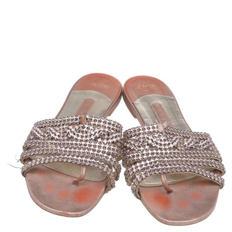 Pre Owned Gina Metallic Rose Gold Crystal Embellished Leather Thong Flat Slides Size 38.5