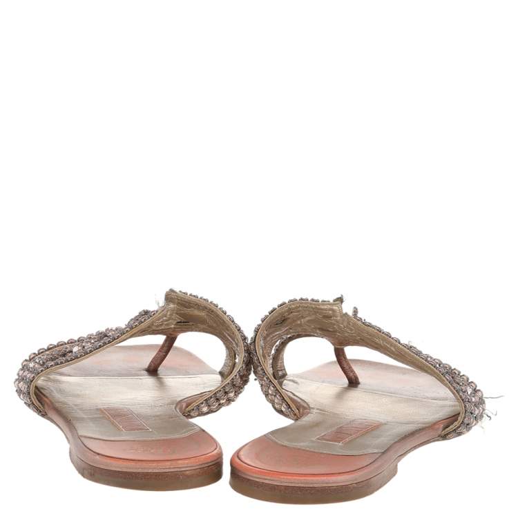 Pre Owned Gina Metallic Rose Gold Crystal Embellished Leather Thong Flat Slides Size 38.5