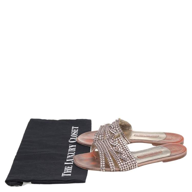 Pre Owned Gina Metallic Rose Gold Crystal Embellished Leather Thong Flat Slides Size 38.5