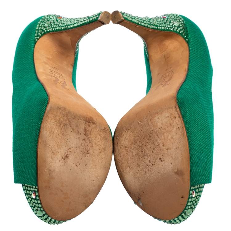 Pre Owned Gina Green Canvas Crystal Embellished Heel Peep Toe Platform Pumps Size 37.5