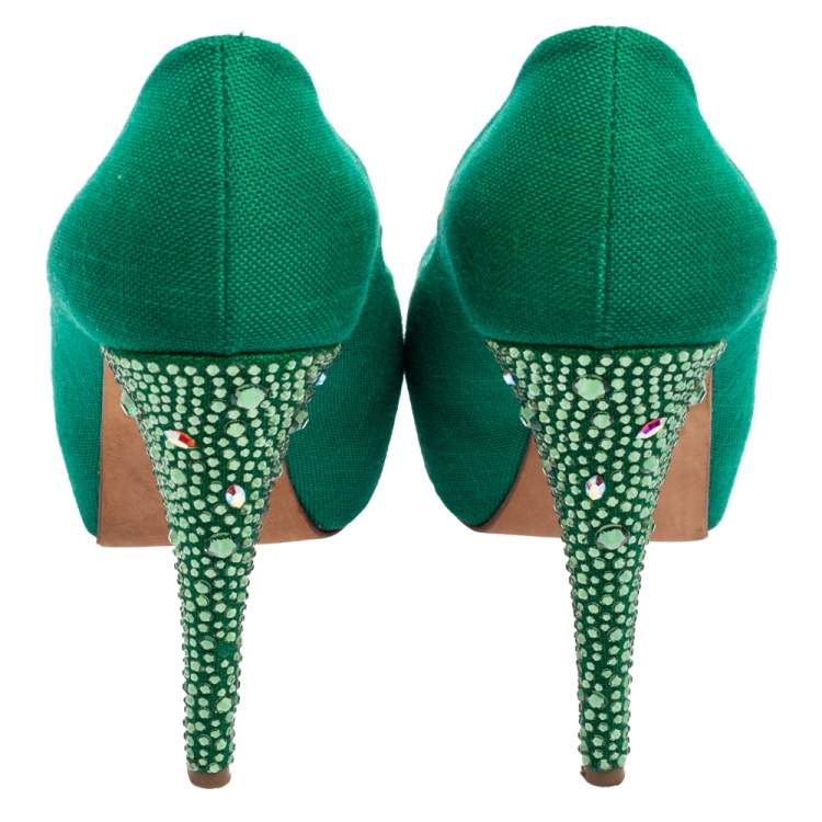 Pre Owned Gina Green Canvas Crystal Embellished Heel Peep Toe Platform Pumps Size 37.5