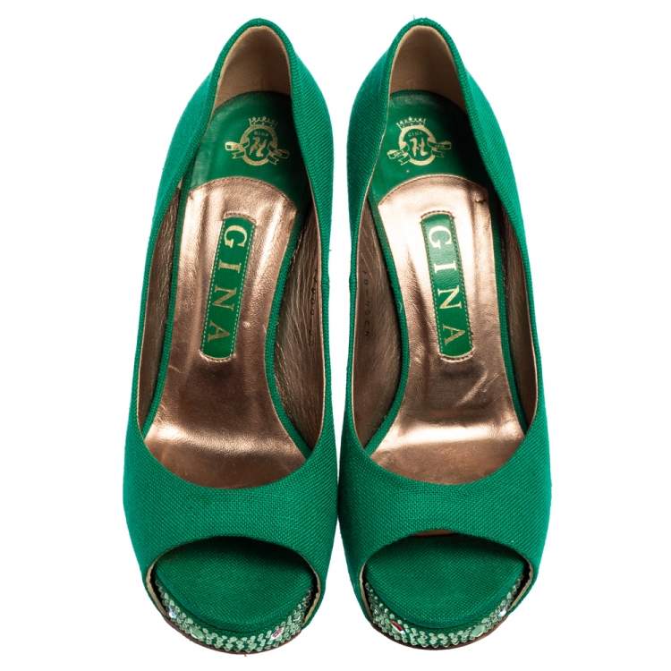 Pre Owned Gina Green Canvas Crystal Embellished Heel Peep Toe Platform Pumps Size 37.5