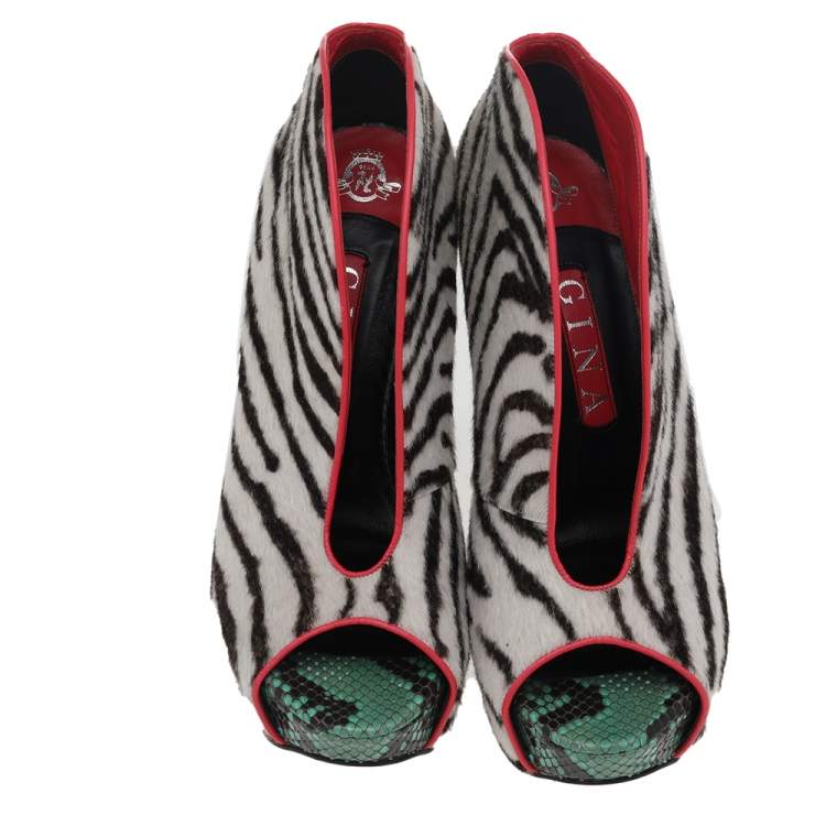 Pre Owned Gina White-Brown Zebra Print Calf Hair Peep Toe Platform Booties Size 39.5