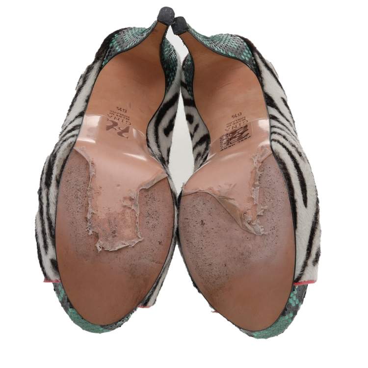 Pre Owned Gina White-Brown Zebra Print Calf Hair Peep Toe Platform Booties Size 39.5