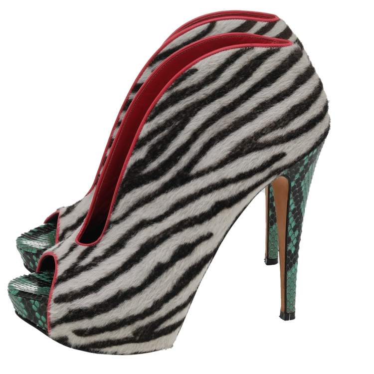 Pre Owned Gina White-Brown Zebra Print Calf Hair Peep Toe Platform Booties Size 39.5