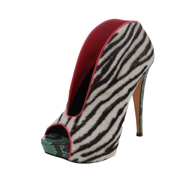 Pre Owned Gina White-Brown Zebra Print Calf Hair Peep Toe Platform Booties Size 39.5