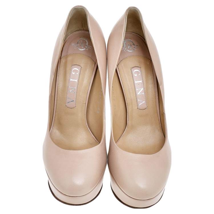 Pre Owned Gina Beige Leather Round Toe Platform Pumps Size 38.5