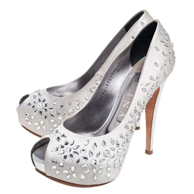 Pre Owned Gina Grey Satin Crystal Embellished Peep Toe Platform Pumps Size 37.5