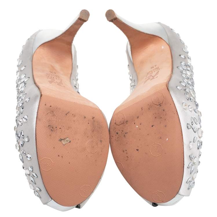 Pre Owned Gina Grey Satin Crystal Embellished Peep Toe Platform Pumps Size 37.5