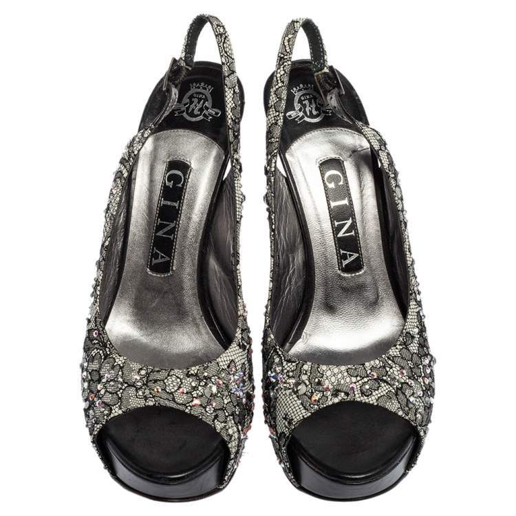 Pre Owned Gina Black Lace Crystal Embellished Peep Toe Slingback Platform Pumps Size 37.5