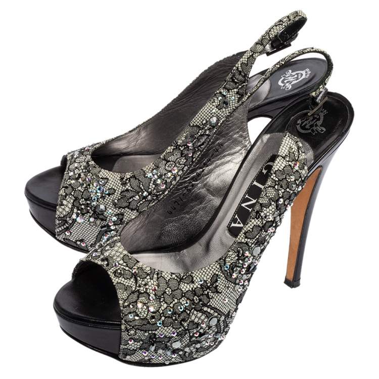 Pre Owned Gina Black Lace Crystal Embellished Peep Toe Slingback Platform Pumps Size 37.5