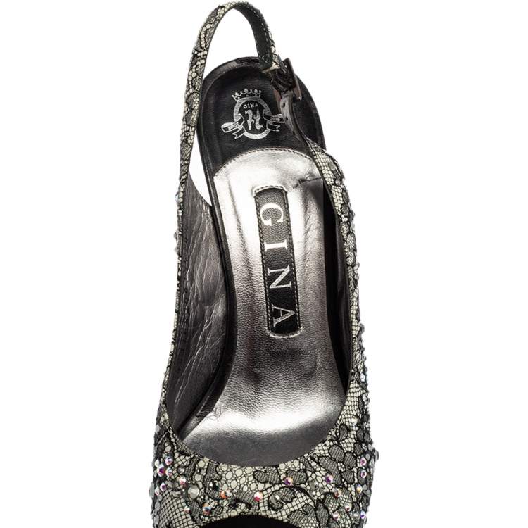 Pre Owned Gina Black Lace Crystal Embellished Peep Toe Slingback Platform Pumps Size 37.5