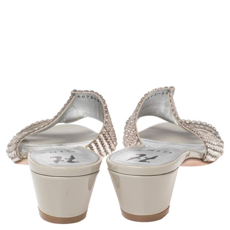 Pre Owned Gina Metallic Grey Leather Embellished Slide Sandals Size 38.5