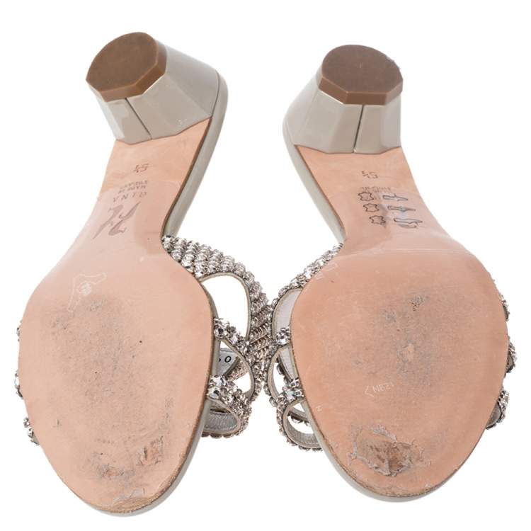 Pre Owned Gina Metallic Grey Leather Embellished Slide Sandals Size 38.5