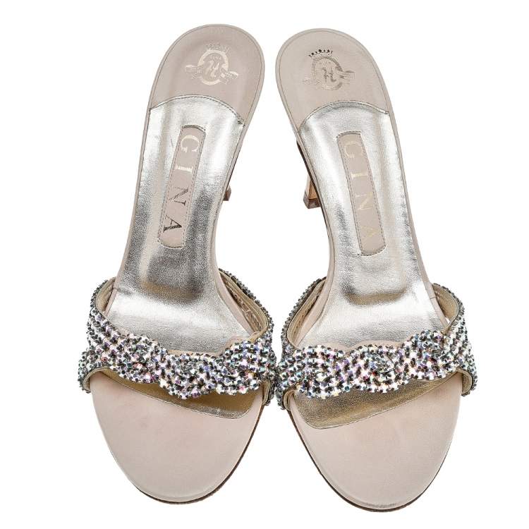 Pre Owned Gina Beige Leather Crystal Embellished Slide Sandals Size 38