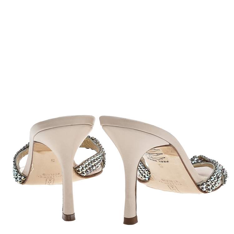 Pre Owned Gina Beige Leather Crystal Embellished Slide Sandals Size 38