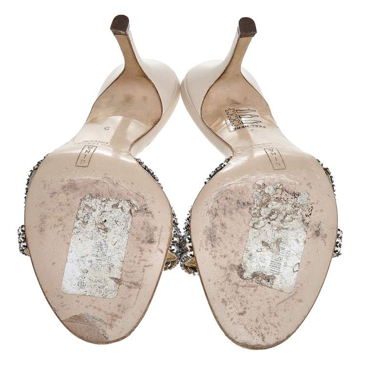 Pre Owned Gina Beige Leather Crystal Embellished Slide Sandals Size 38