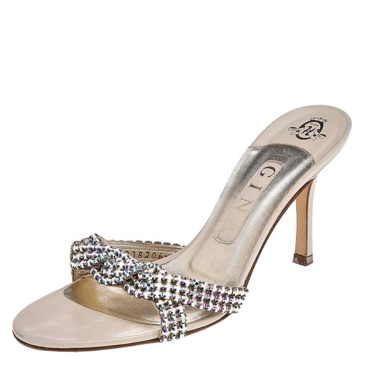 Pre Owned Gina Beige Leather Crystal Embellished Slide Sandals Size 38