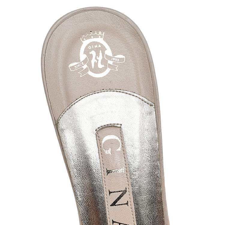 Pre Owned Gina Beige Leather Crystal Embellished Slide Sandals Size 38