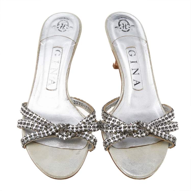 مملوكة مسبقًا Gina Metallic Silver Leather Crystal Embellished Slide Sandals Size 37