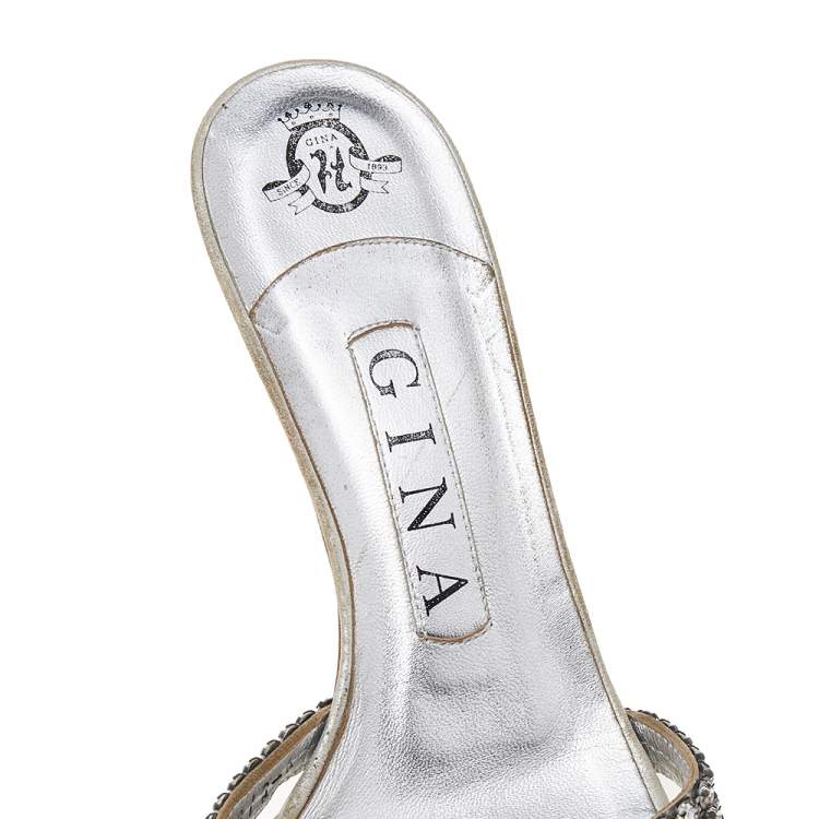 مملوكة مسبقًا Gina Metallic Silver Leather Crystal Embellished Slide Sandals Size 37