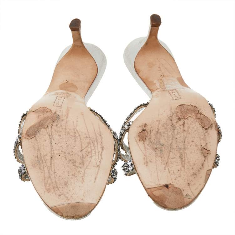 مملوكة مسبقًا Gina Metallic Silver Leather Crystal Embellished Slide Sandals Size 37