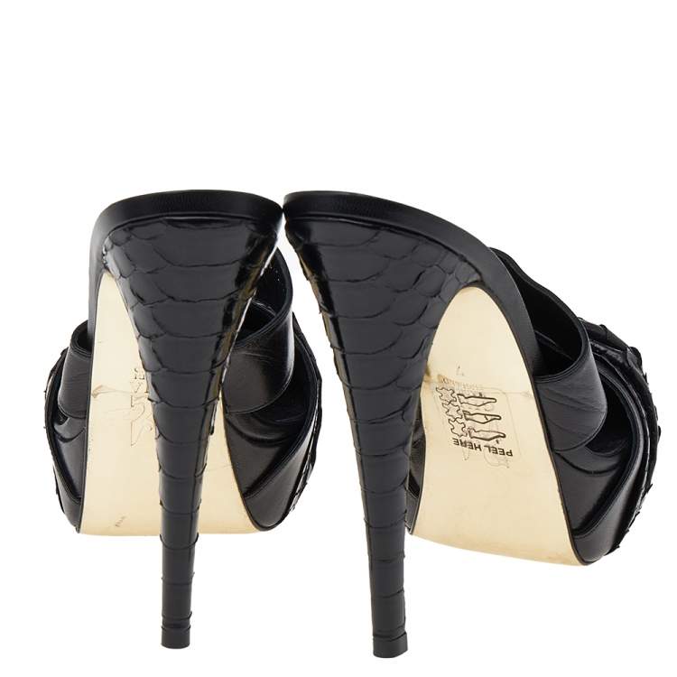 Pre Owned Gina Black Leather and Python Platform Close Toe Slide Sandals Size 40